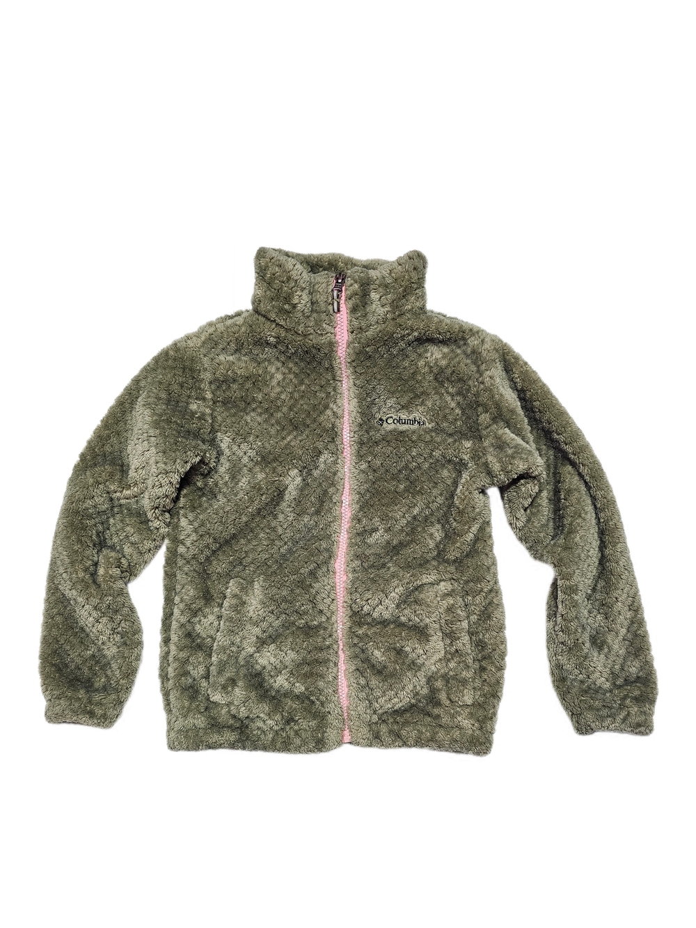 Columbia Fire Side Sherpa Olive Green Fleece Jacket Pink Zip Girls Small 7/8